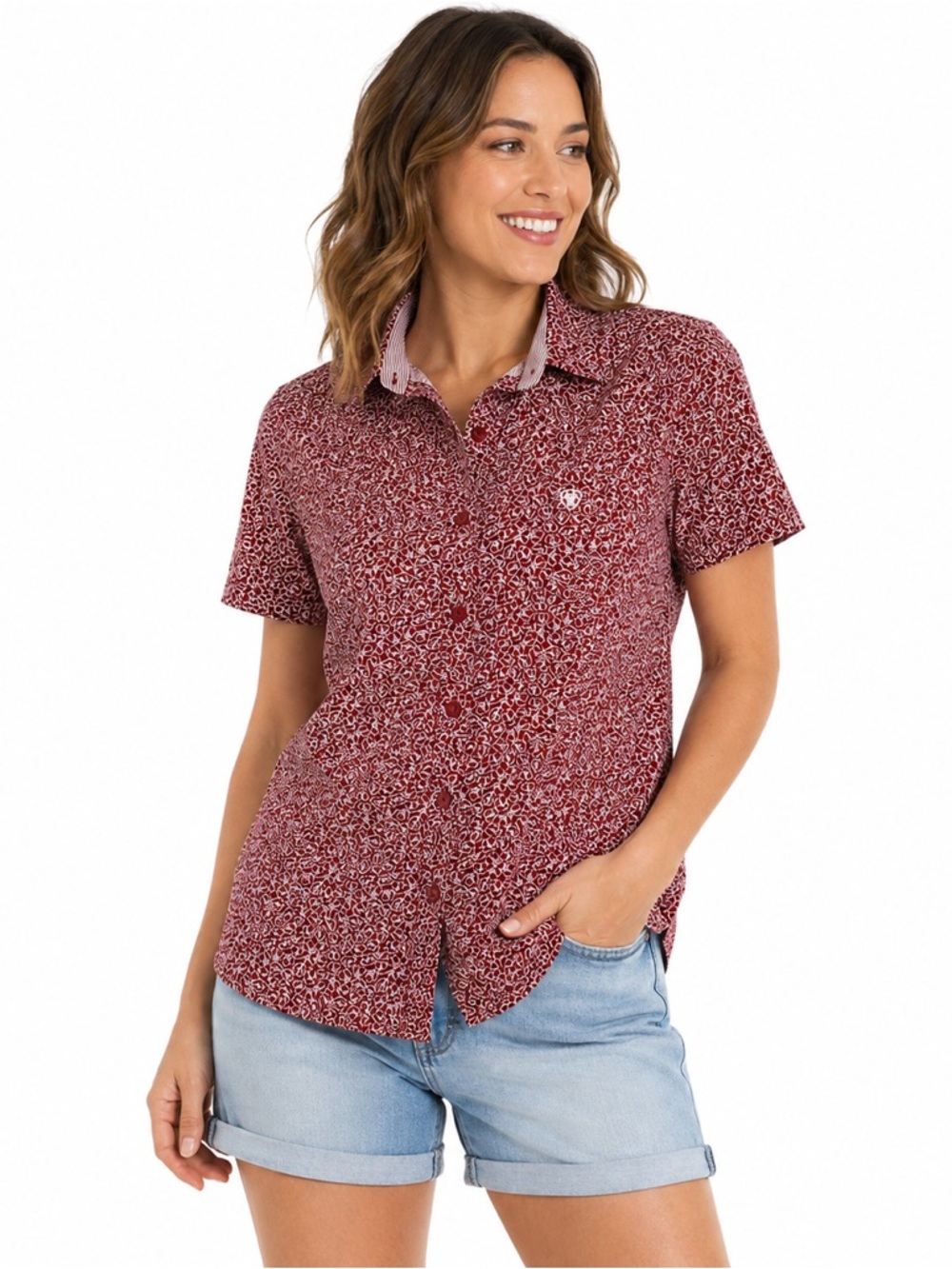 Ariat REAL Kirby Western Button Down Shirt Red Floral Short Sleeve Small